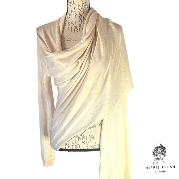 DKNY Women's Long-Sleeve Drape-Front Cream Silk & Cashmere Blend Cardigan PS - Picture 2 of 11